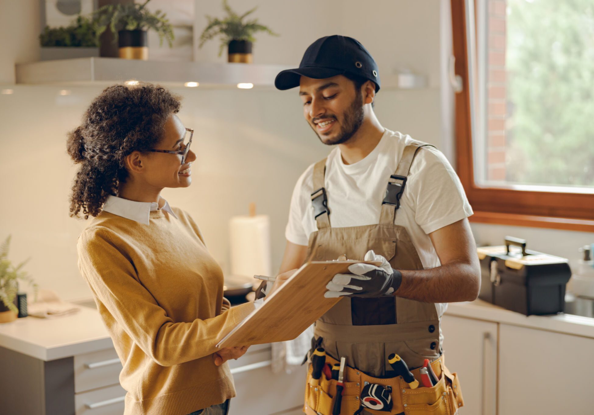 Woman and handyman discussing clipboard in kitchen.